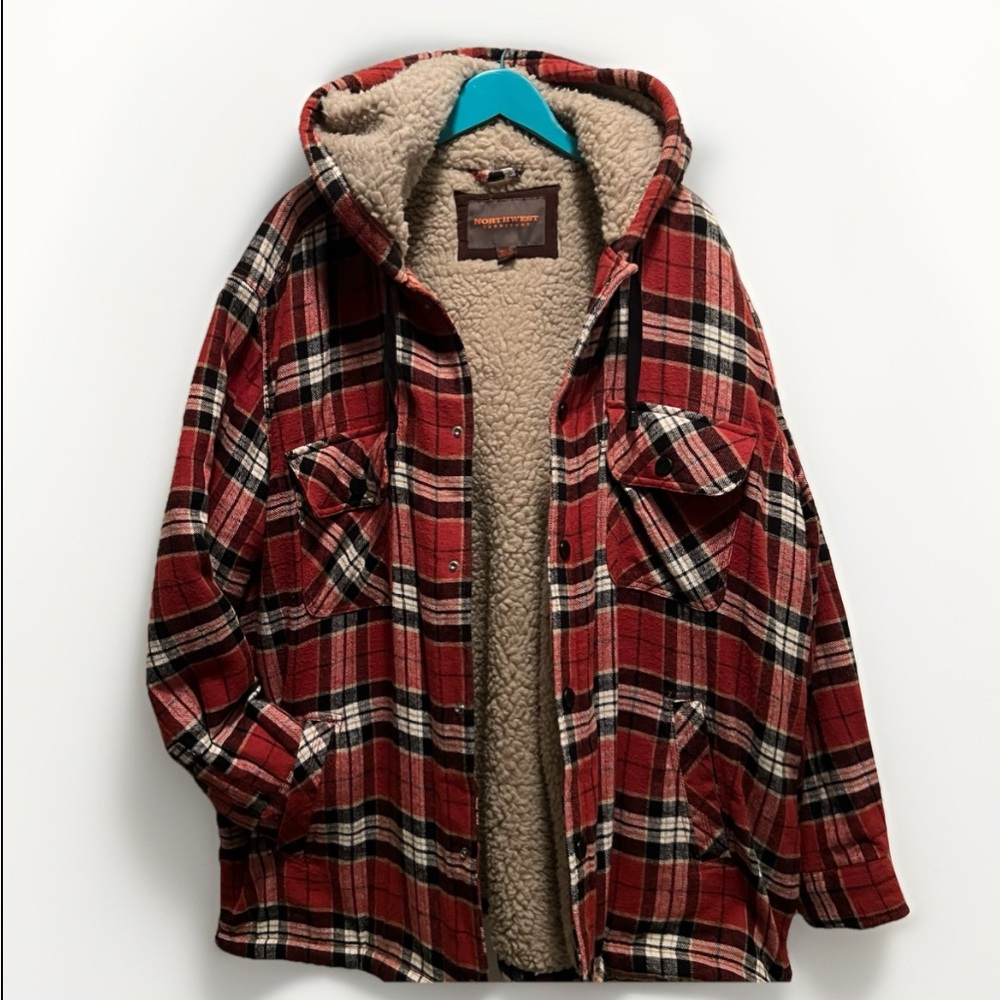 Northwest Territory Red Plaid Sherpa-Lined Hooded Shirt Jacket